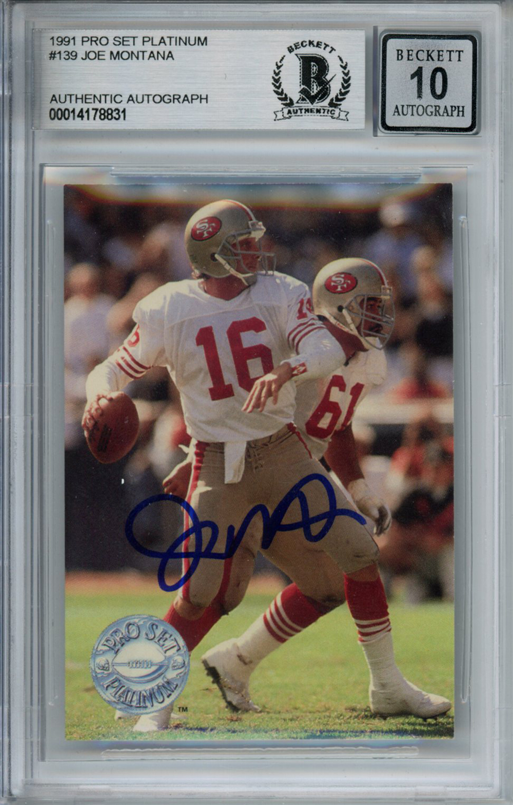 Joe Montana Signed 1991 Pro Set Platinum #139 Trading Card Beckett 10 Slab