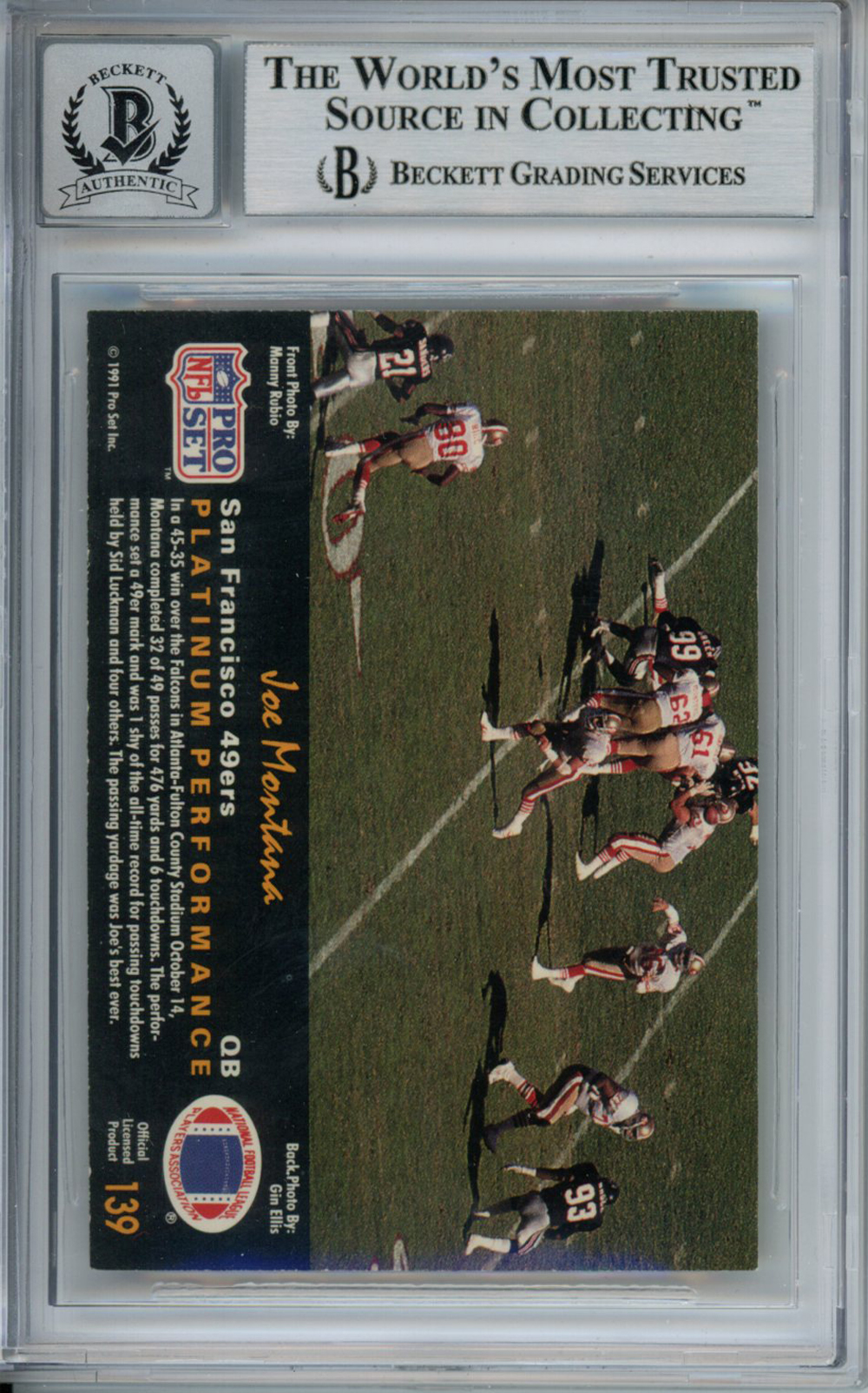 Joe Montana Signed 1991 Pro Set Platinum #139 Trading Card Beckett 10 Slab