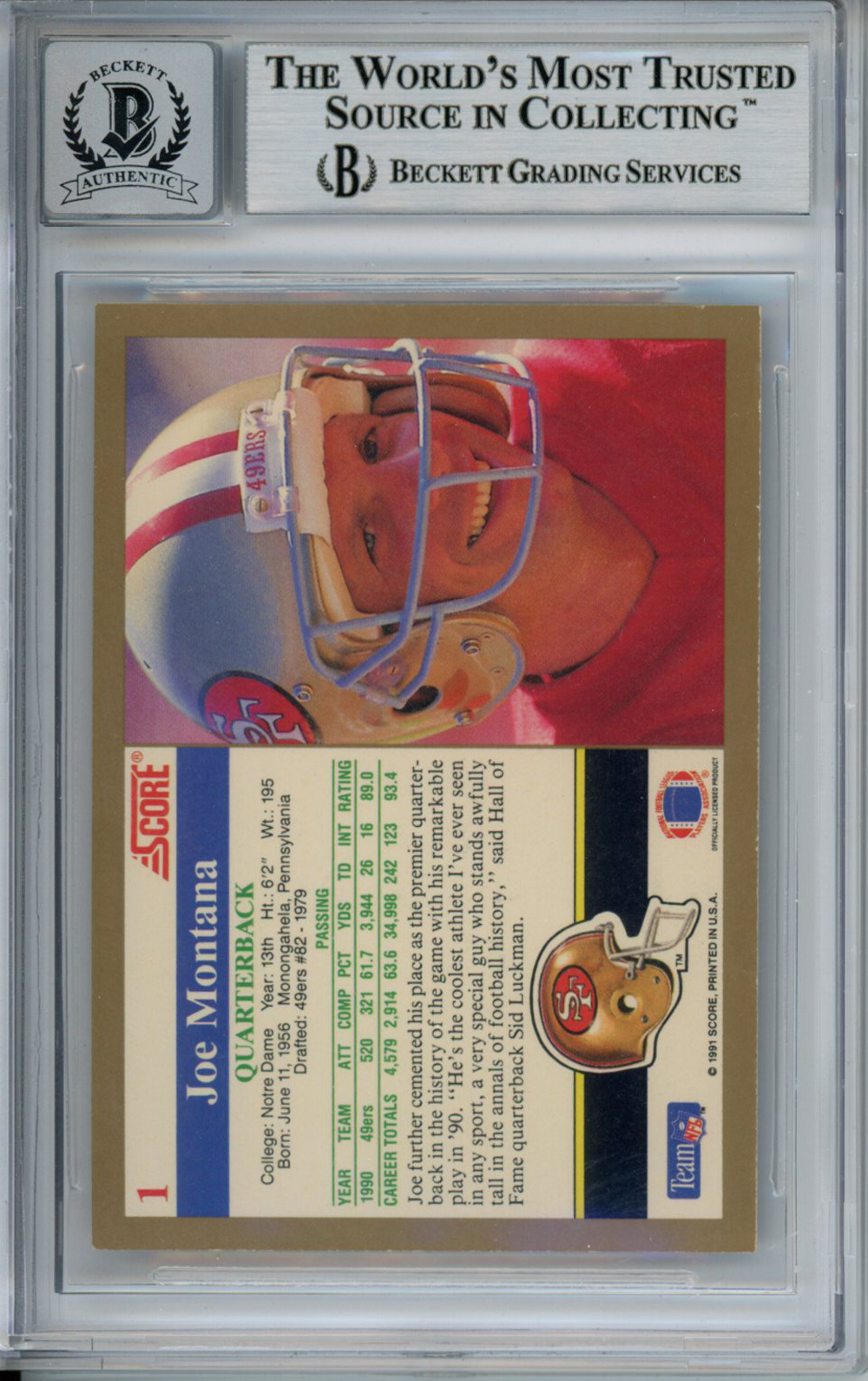 Joe Montana Autographed 1991 Score #1 Trading Card Beckett 10 Slab