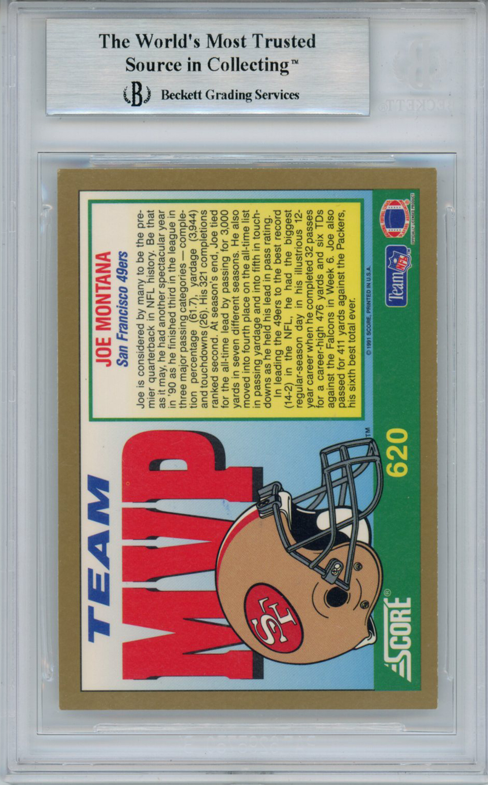 Joe Montana Autographed Signed 1991 Score 620 Trading Card BAS Slab 