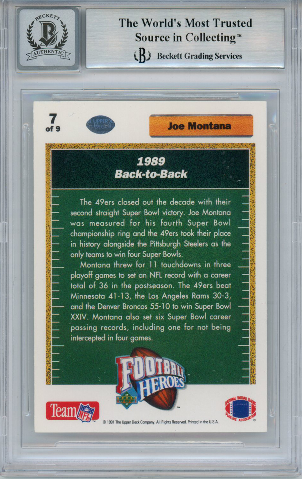 Joe Montana Autographed 1991 Upper Deck #7 Trading Card BAS 10 Slab