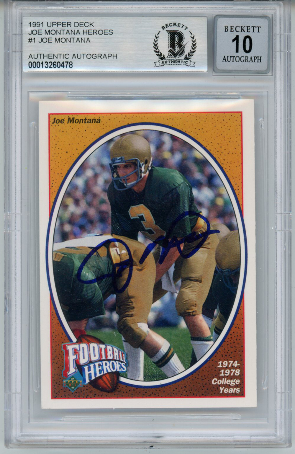 Joe Montana Autographed 1991 Upper Deck #1 Trading Card BAS 10 Slab