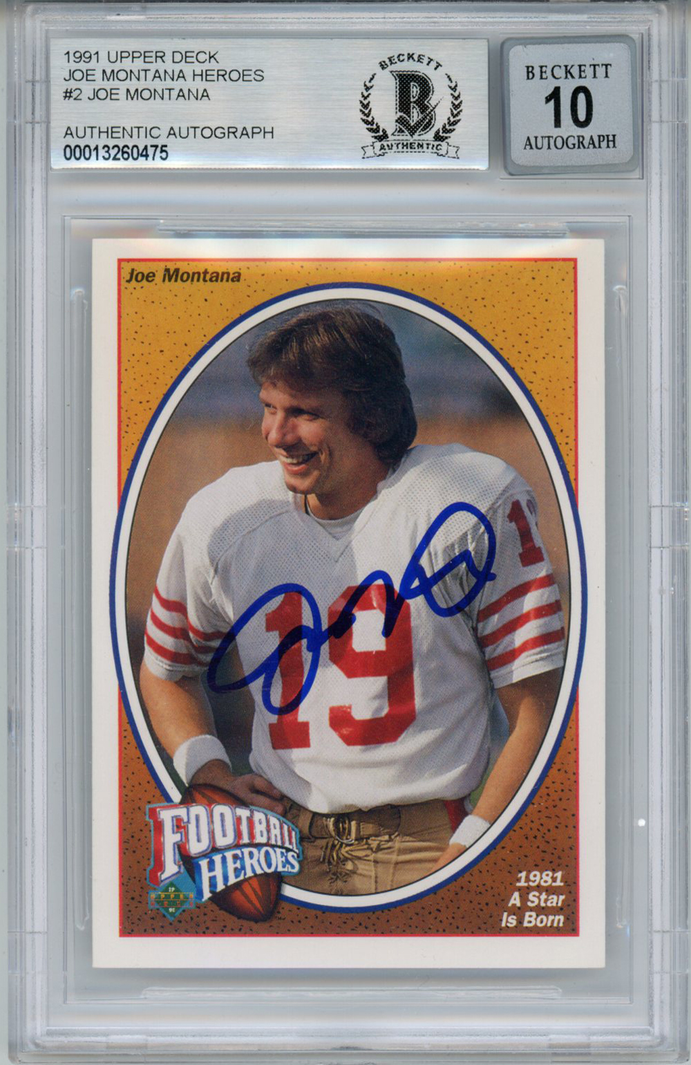 Joe Montana Autographed 1991 Upper Deck #2 Trading Card BAS 10 Slab