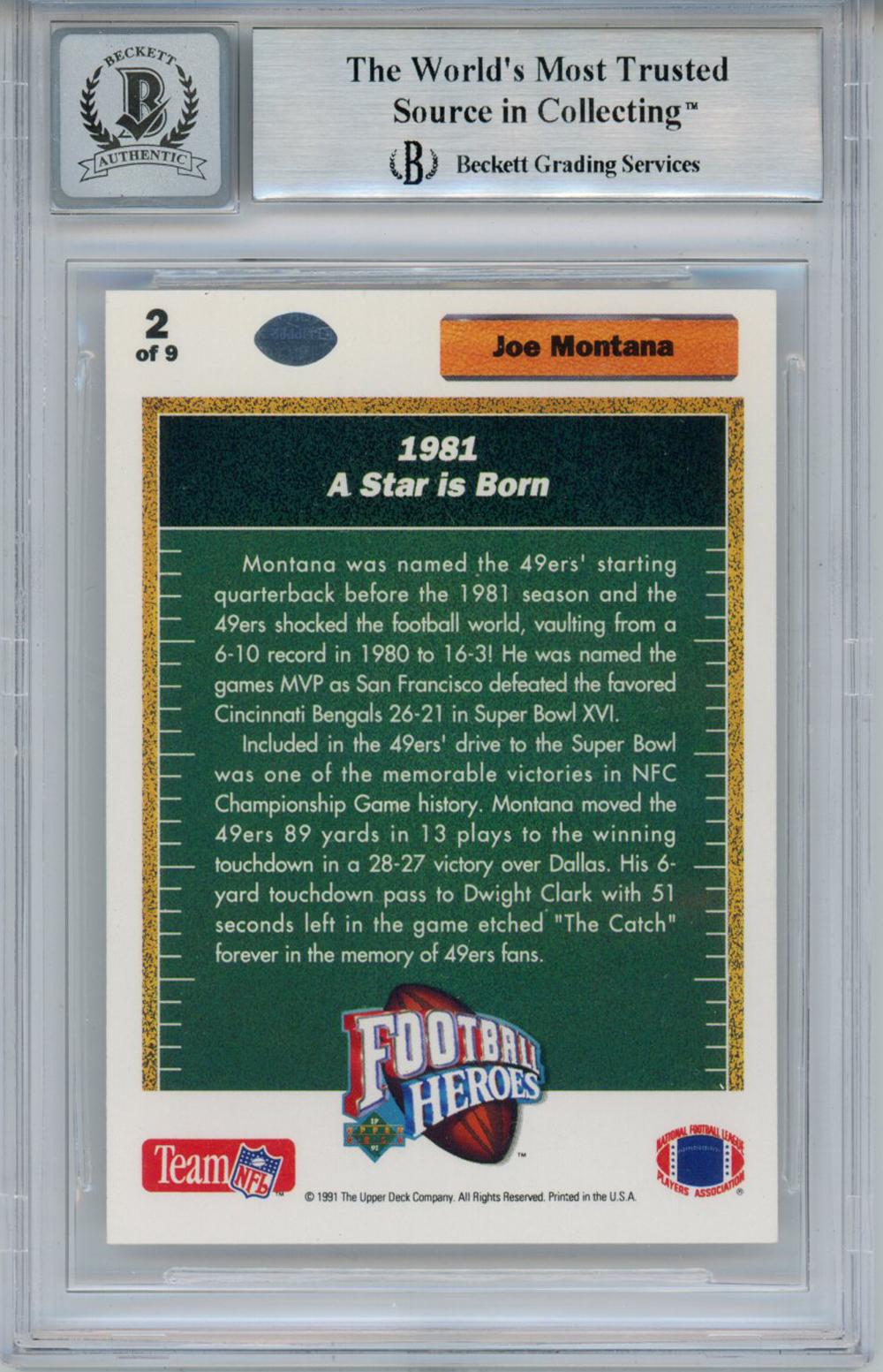 Joe Montana Autographed 1991 Upper Deck #2 Trading Card BAS 10 Slab
