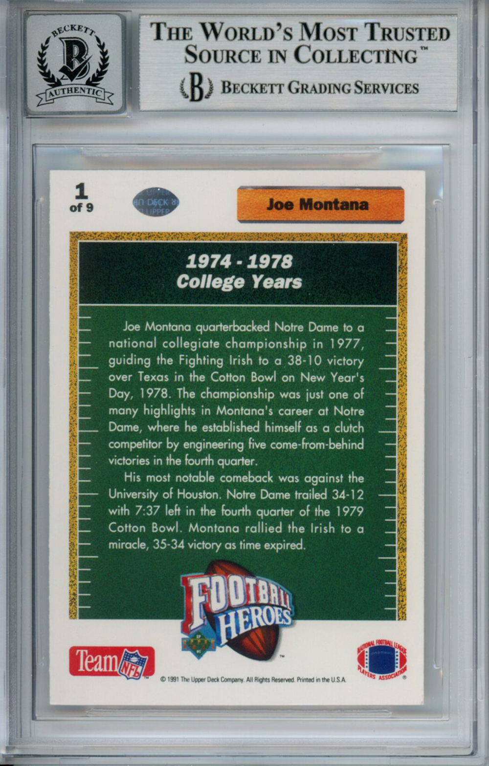 Joe Montana Signed 1991 Upper Deck Heroes 1/9 Trading Card BAS 10 Slab