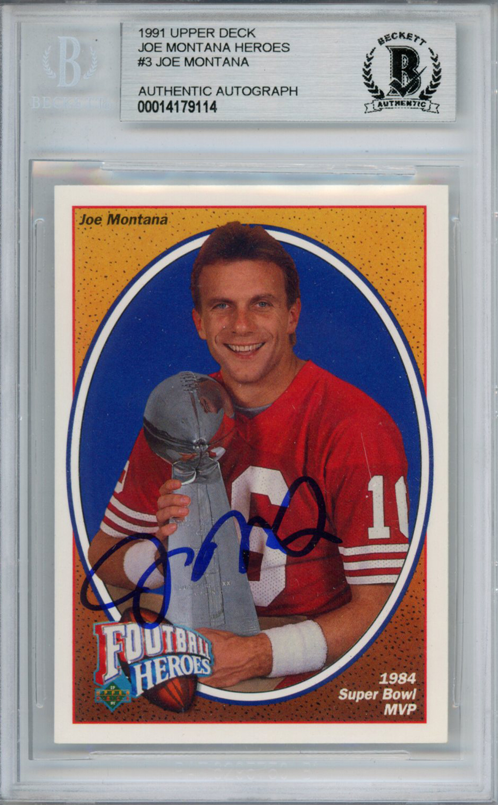 Joe Montana Signed 1991 Upper Deck Heroes 3/9 Trading Card Beckett Slab