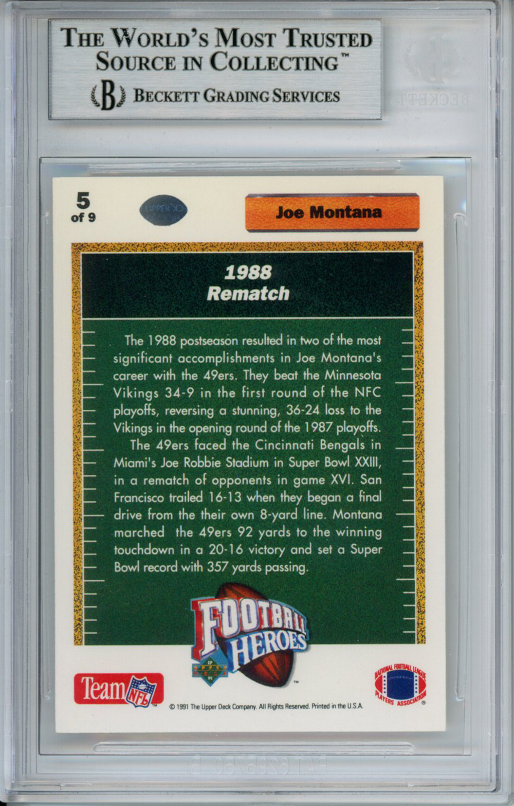 Joe Montana Signed 1991 Upper Deck Heroes 5/9 Trading Card Beckett Slab