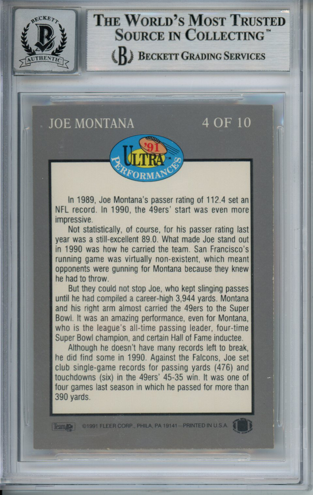 Joe Montana Signed 1991 Ultra Performances #4 Trading Card Beckett 10 Slab