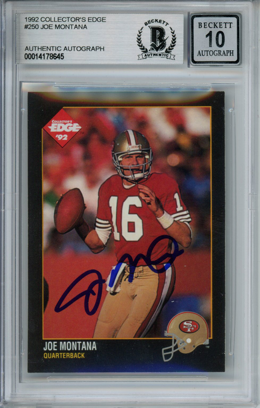 Joe Montana Signed 1992 Collectors Edge #250 Trading Card Beckett 10 Slab