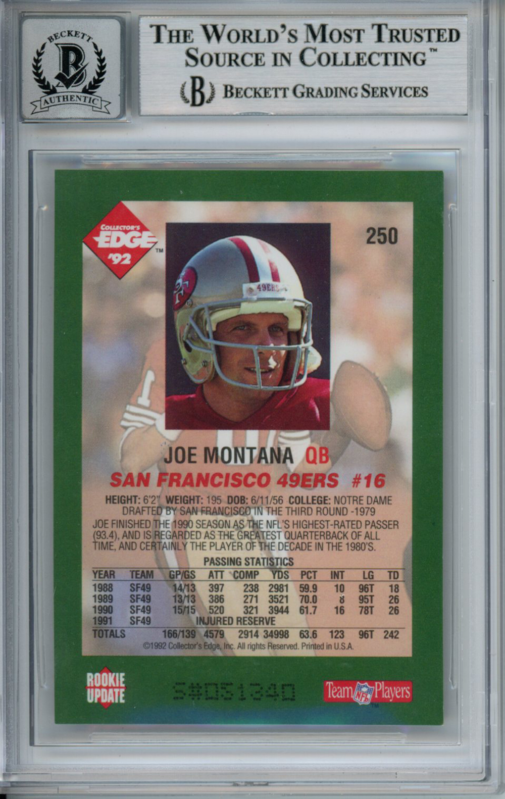Joe Montana Signed 1992 Collectors Edge #250 Trading Card Beckett 10 Slab