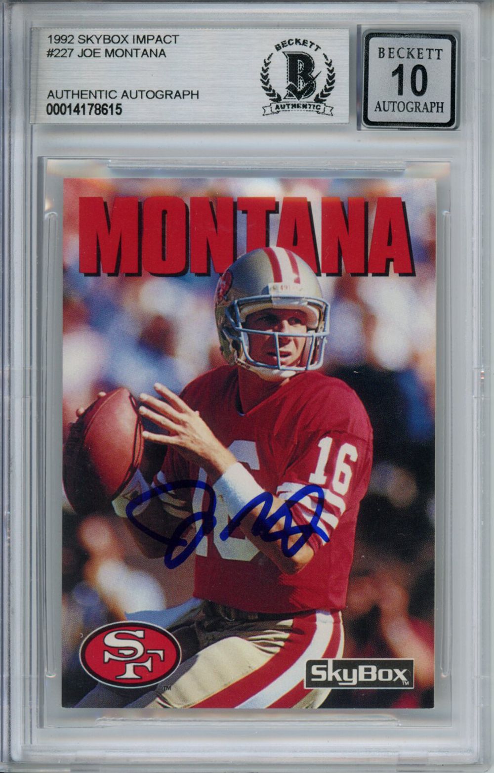 Joe Montana Autographed 1992 Skybox #227 Trading Card Beckett 10 Slab