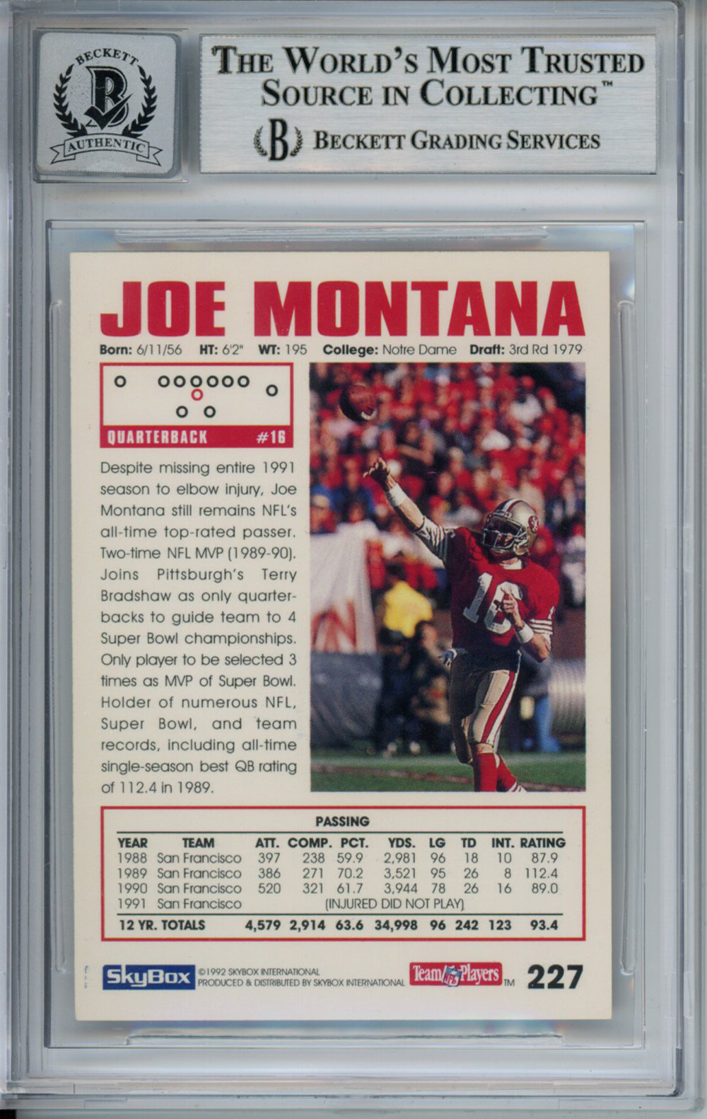 Joe Montana Autographed 1992 Skybox #227 Trading Card Beckett 10 Slab