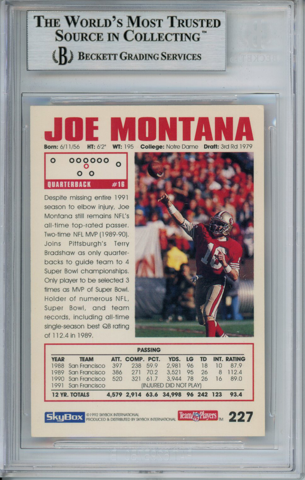 Joe Montana Autographed 1992 Skybox #227 Trading Card Beckett Slab