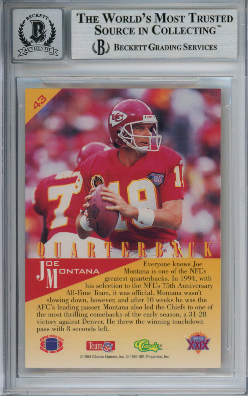 Joe Montana Autographed 1994 Classic #43 Trading Card Beckett 10 Slab