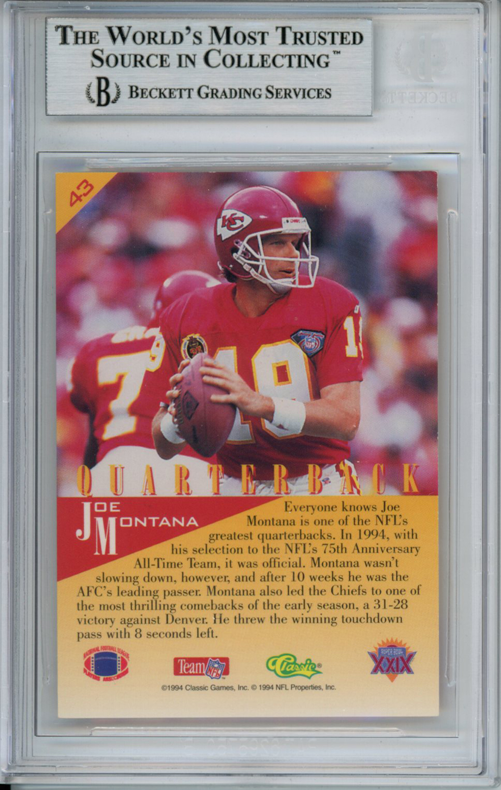 Joe Montana Autographed 1994 Classic #43 Trading Card Beckett Slab