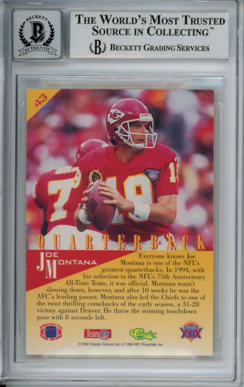 Joe Montana Signed 1994 Classi #43 Gold Trading Card Beckett 10 Slab