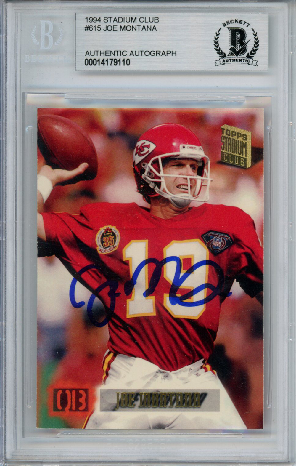 Joe Montana Autographed 1994 Stadium Club #615 Trading Card Beckett Slab