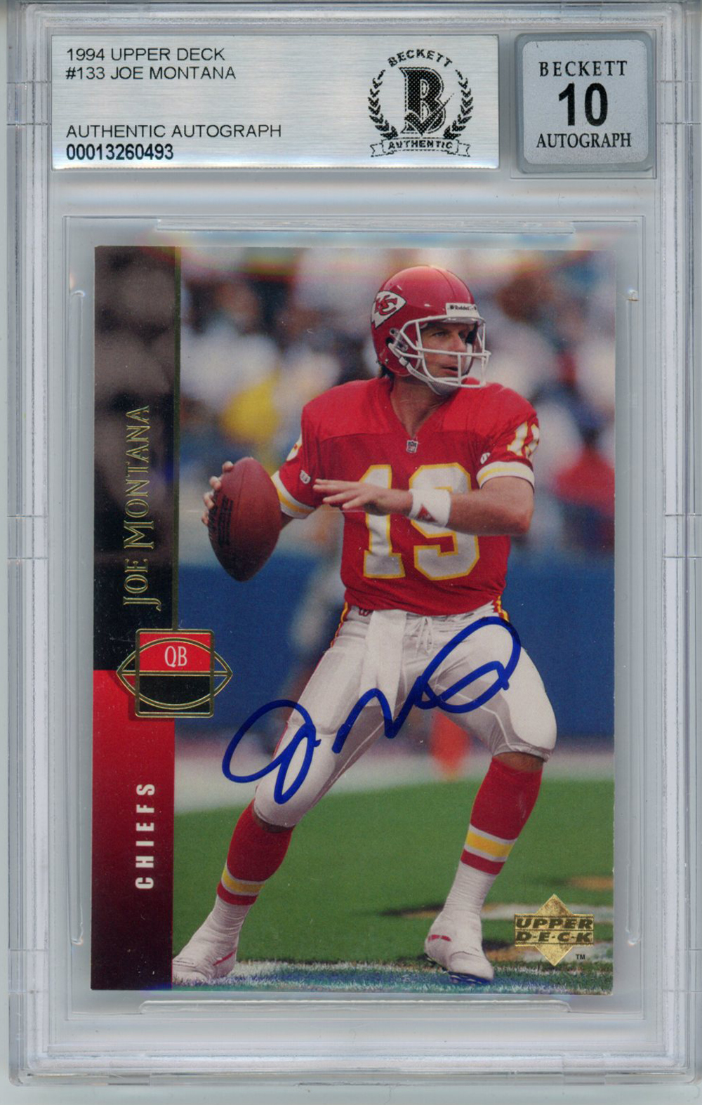 Joe Montana Autographed 1994 Upper Deck #133 Trading Card BAS 10 Slab