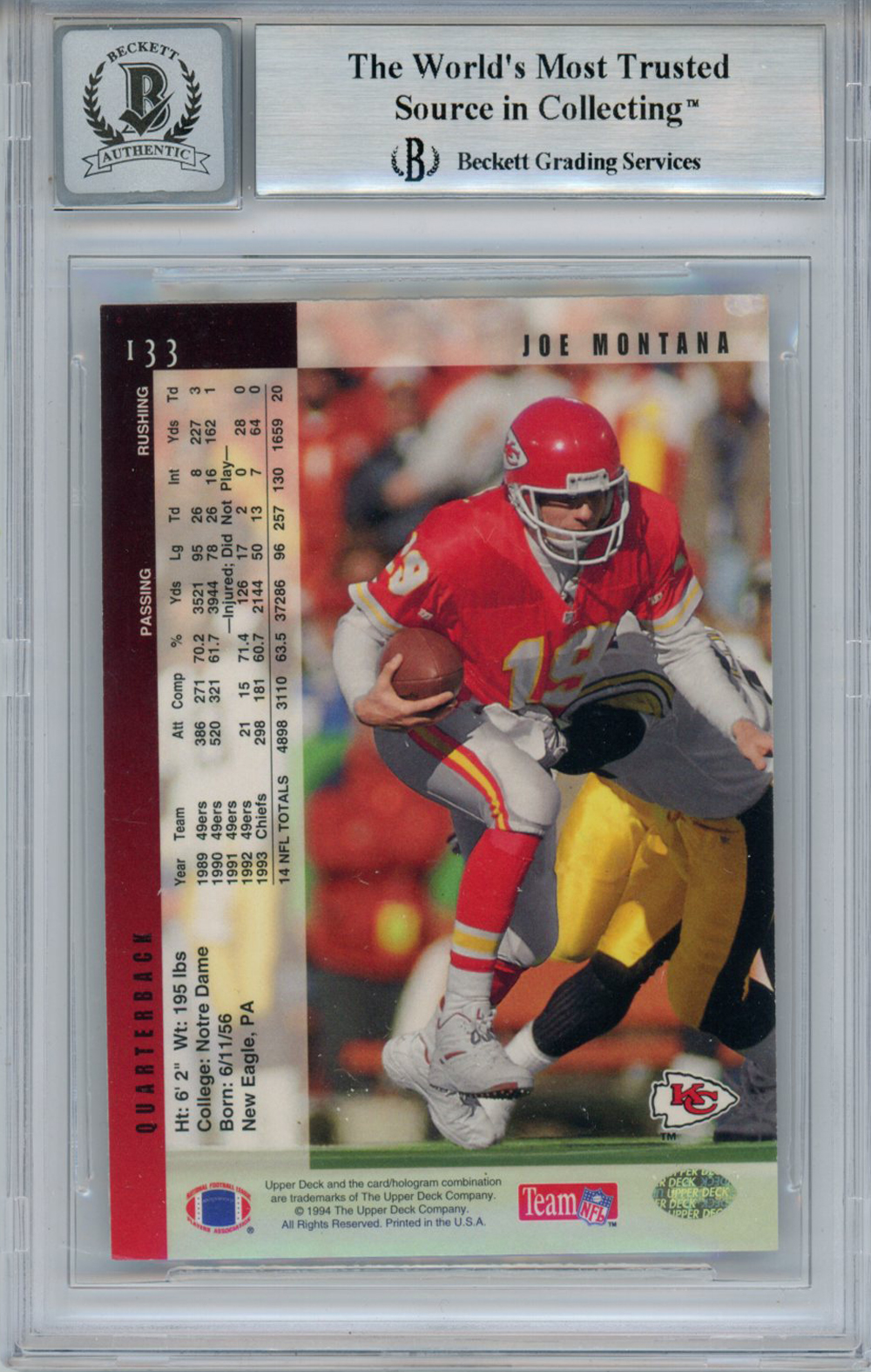 Joe Montana Autographed 1994 Upper Deck #133 Trading Card BAS 10 Slab