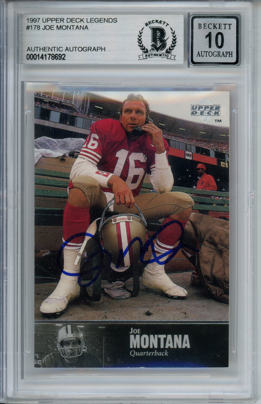 Joe Montana Signed 1997 Upper Deck Legends #178 Trading Card BAS 10 Slab