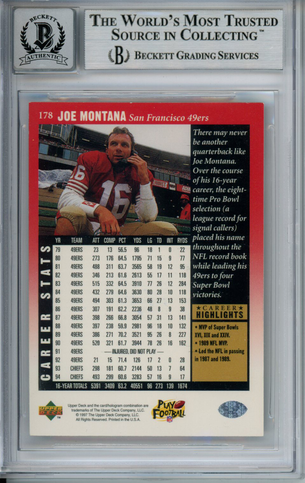 Joe Montana Signed 1997 Upper Deck Legends #178 Trading Card BAS 10 Slab