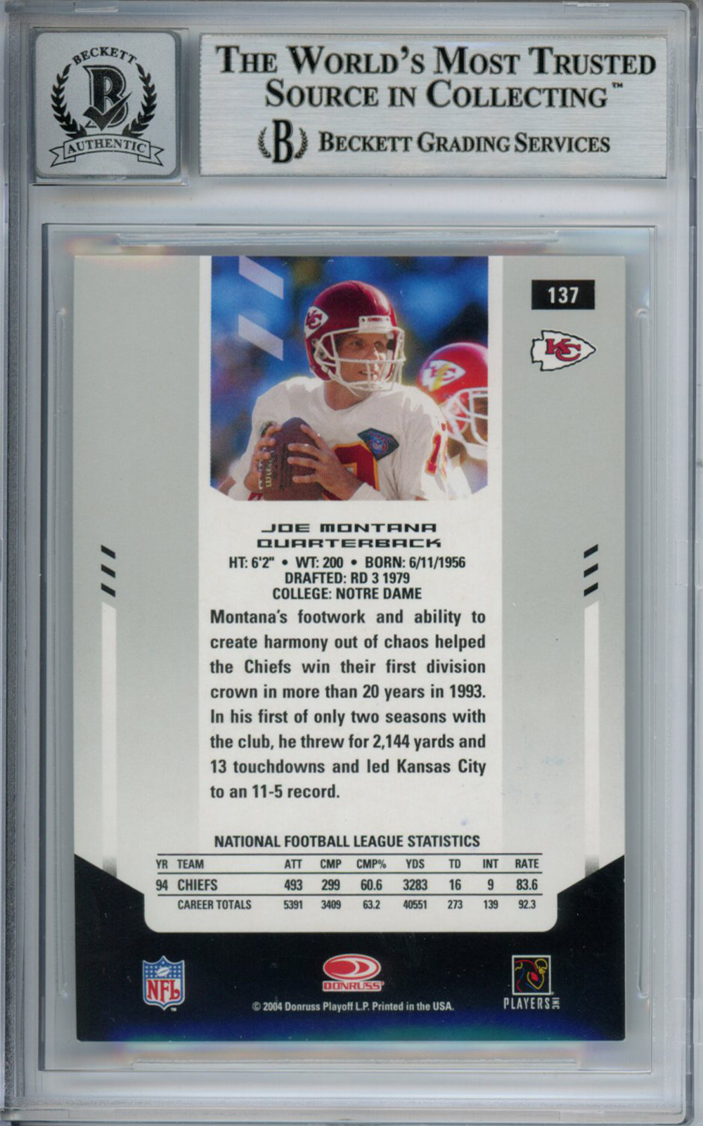 Joe Montana Signed 2004 Leaf Certified #137 Trading Card Beckett 10 Slab