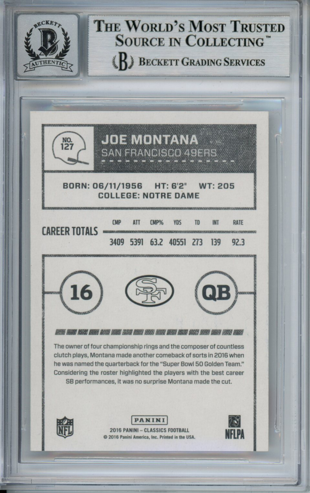 Joe Montana Autographed 2016 Classics #127A Trading Card Beckett 10 Slab