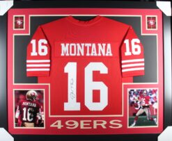 Joe Montana Autographed/Signed Pro Style Red XL Framed Jersey 35x43 JSA 53757