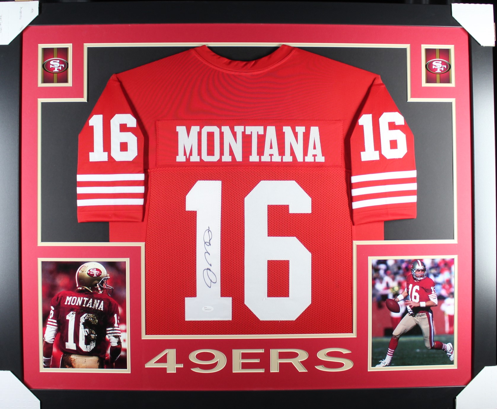 Joe Montana Autographed/Signed Pro Style Red XL Framed Jersey 35x43 JSA 53757