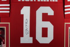 Joe Montana Autographed/Signed Pro Style Red XL Framed Jersey 35x43 JSA 53757