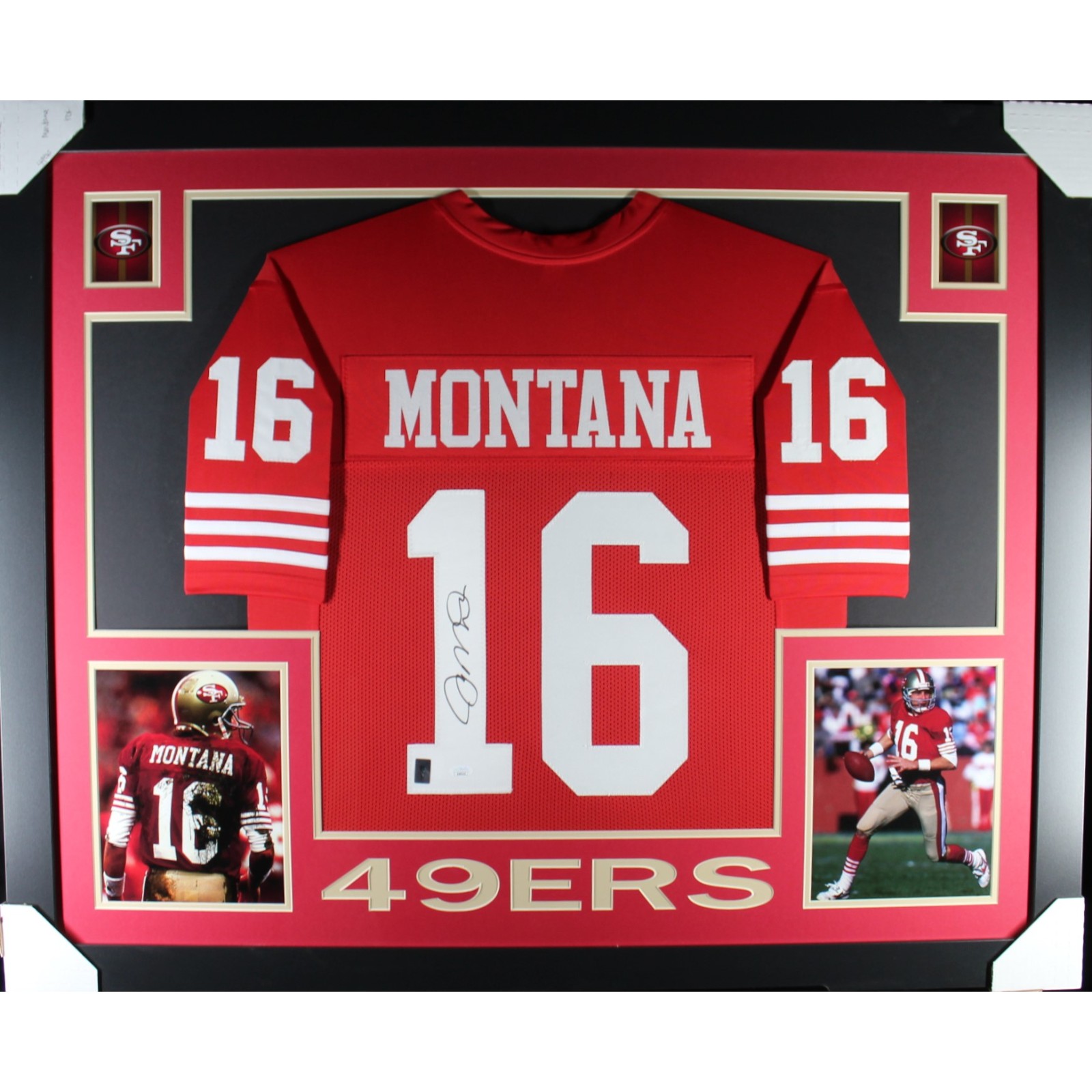 Joe Montana Autographed Pro Style Red XL Framed Jersey 35x43 JSA 51231 1 Joe Montana Autographed Pro Style Red XL Framed Jersey 35x43 JSA 51231
