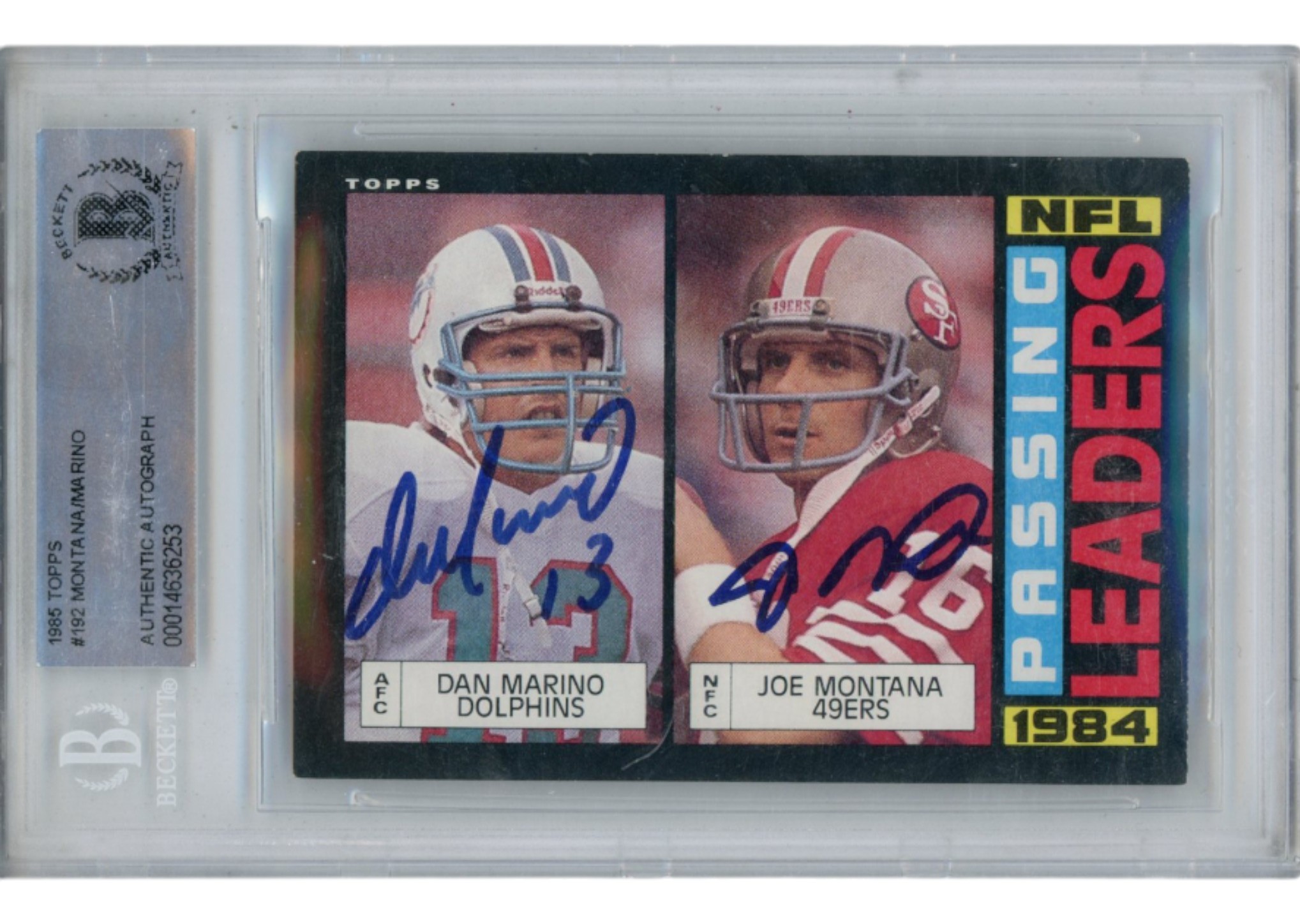 Joe Montana Dan Marino Autographed 85 Topps #192 Slab Trading Card Beckett 52715 1 Joe Montana Dan Marino Autographed 85 Topps #192 Slab Trading Card Beckett 52715