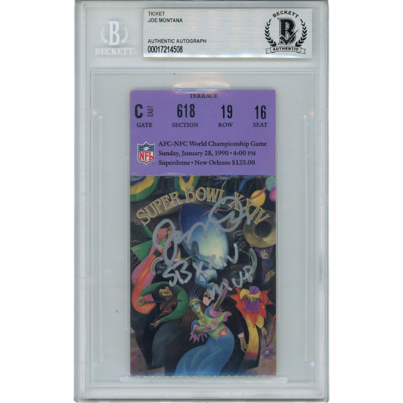 Joe Montana Autographed/Signed SB XXIV SB MVP Insc Ticket Stub Beckett 45956