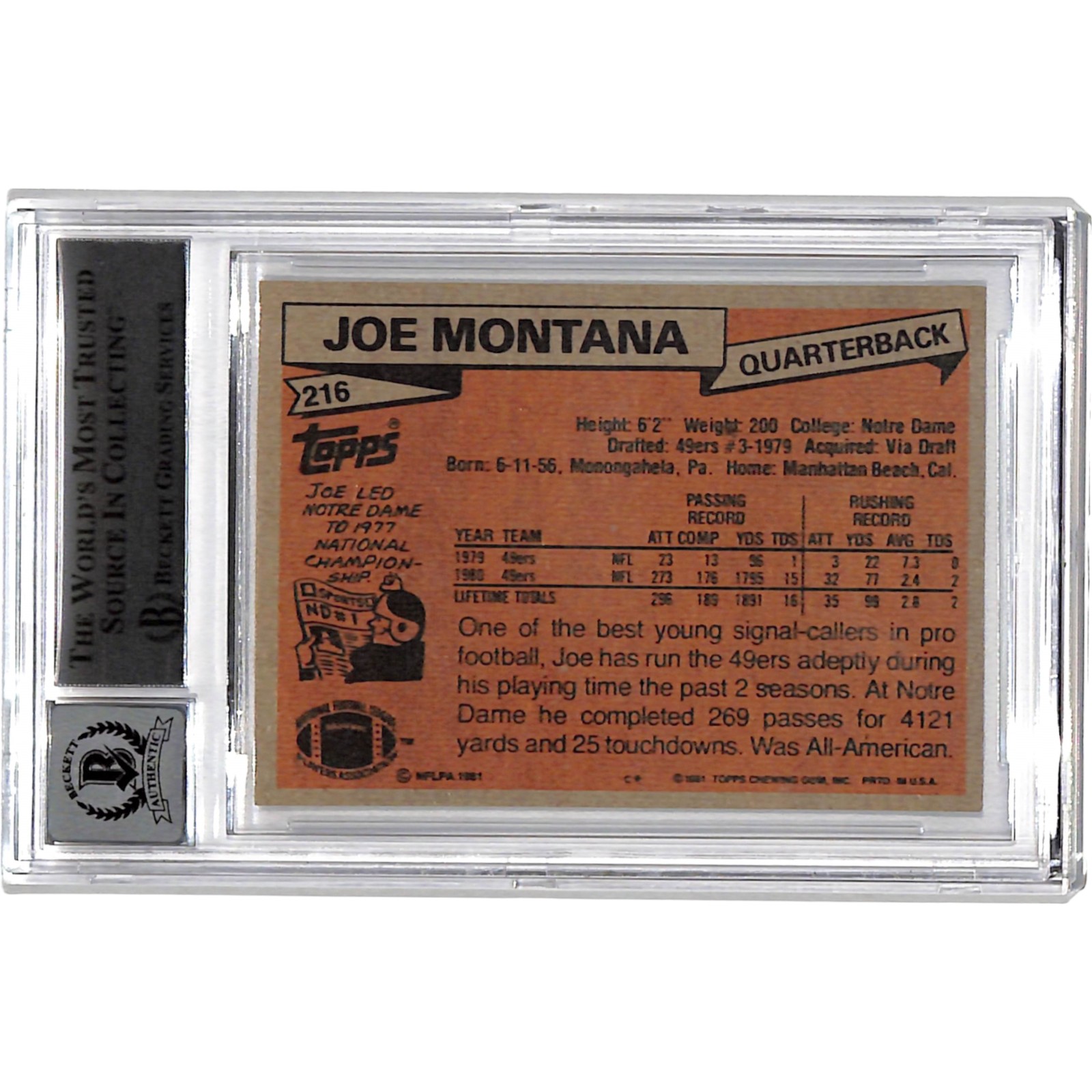 Joe Montana Signed 1981 Topps #216 Grade 10 Auto Slab Beckett 44536