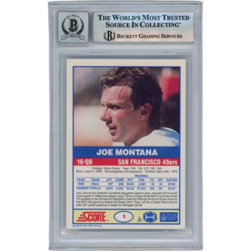 Joe Montana Autographed/Signed 1989 Score #1 Slabbed Trading Card Beckett 49909