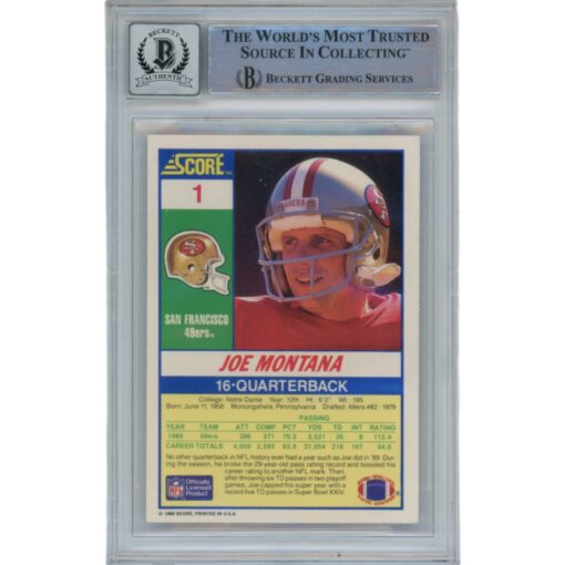 Joe Montana Autographed/Signed 1990 Score 1 10 Grade Trading Card Beckett 47108