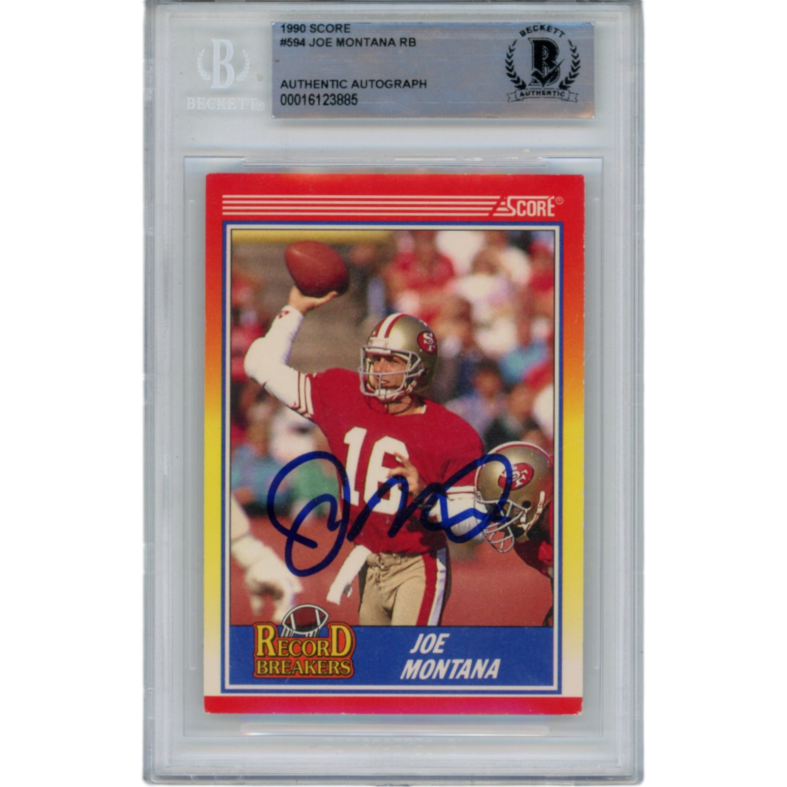 Joe Montana Autographed/Signed 1990 Score 594 Trading Card Beckett 47129