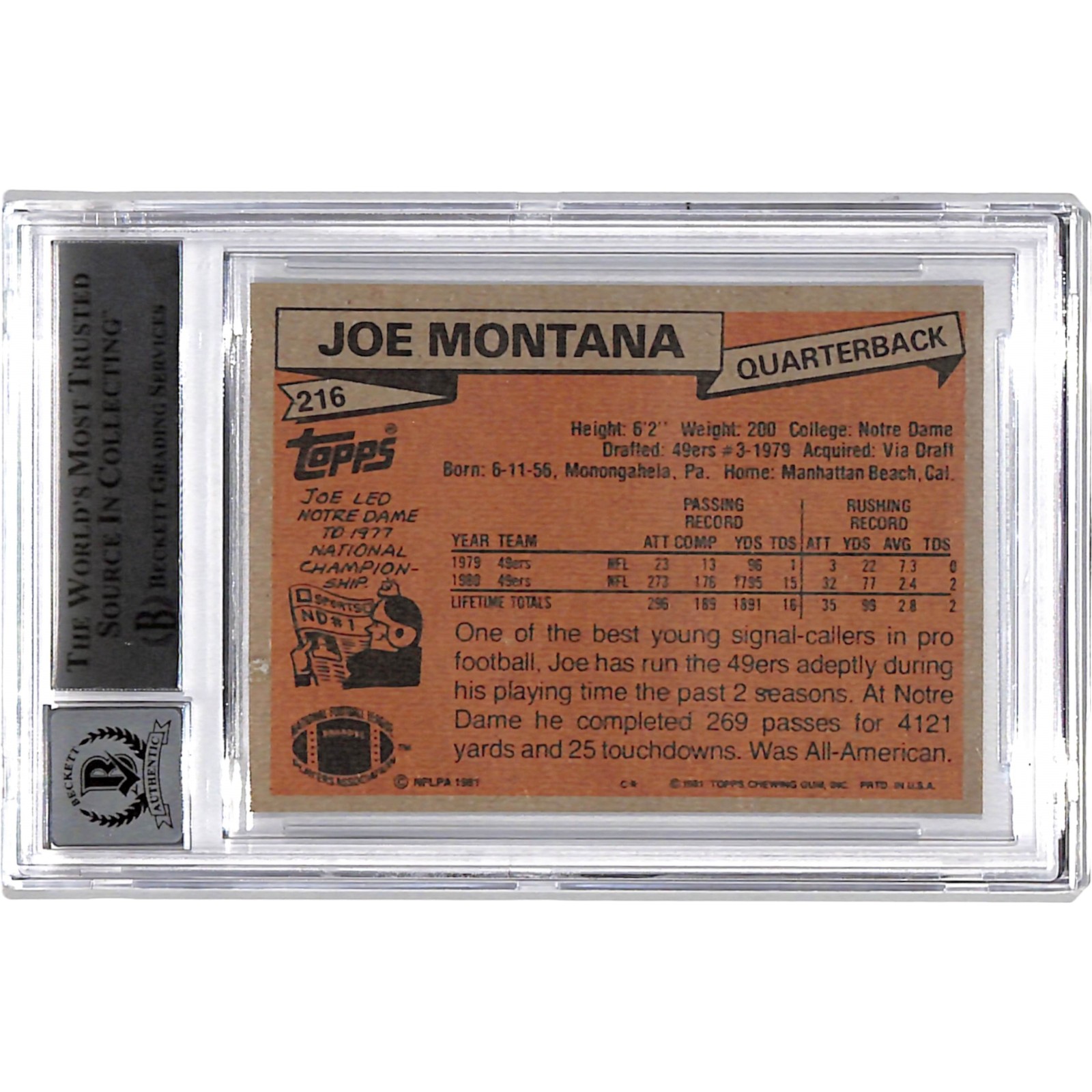 Joe Montana Signed 1981 Topps #216 Grade 10 Auto Slab Beckett 44552