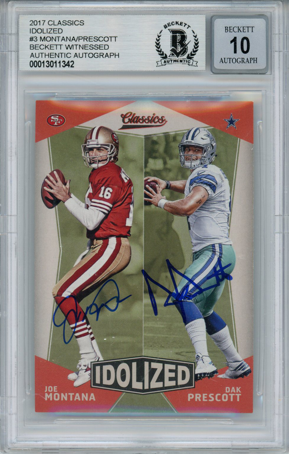 Joe Montana & Dak Prescott 2017 Idolized Classics Trading Card BAS 10 Slab