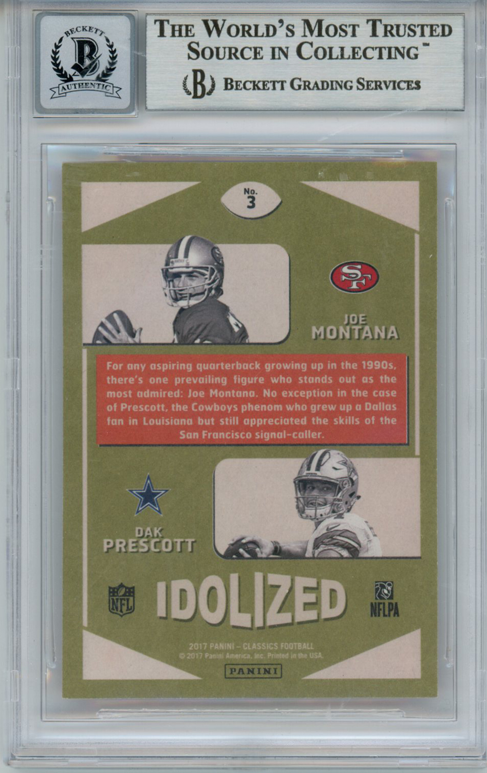 Joe Montana & Dak Prescott 2017 Idolized Classics Trading Card BAS 10 Slab