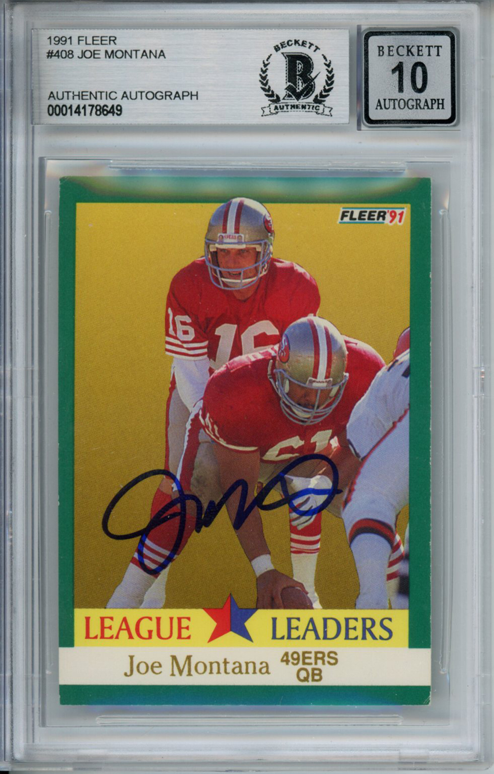 Joe Montana Autographed 1991 Fleer #408 Trading Card Beckett 10 Slab