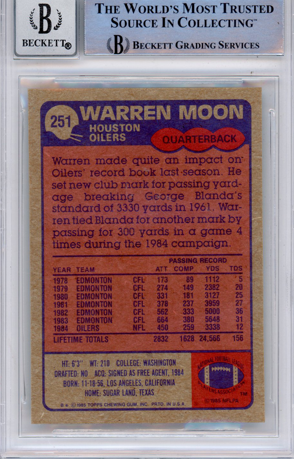 Warren Moon Autographed 1985 Topps #251 (Grade 10) Slabbed BAS