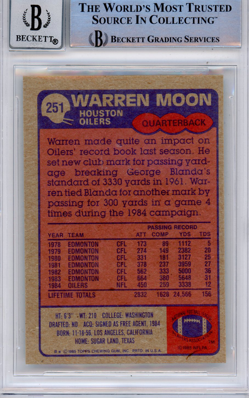 Warren Moon Autographed 1985 Topps #251 (Grade 10) Slabbed BAS