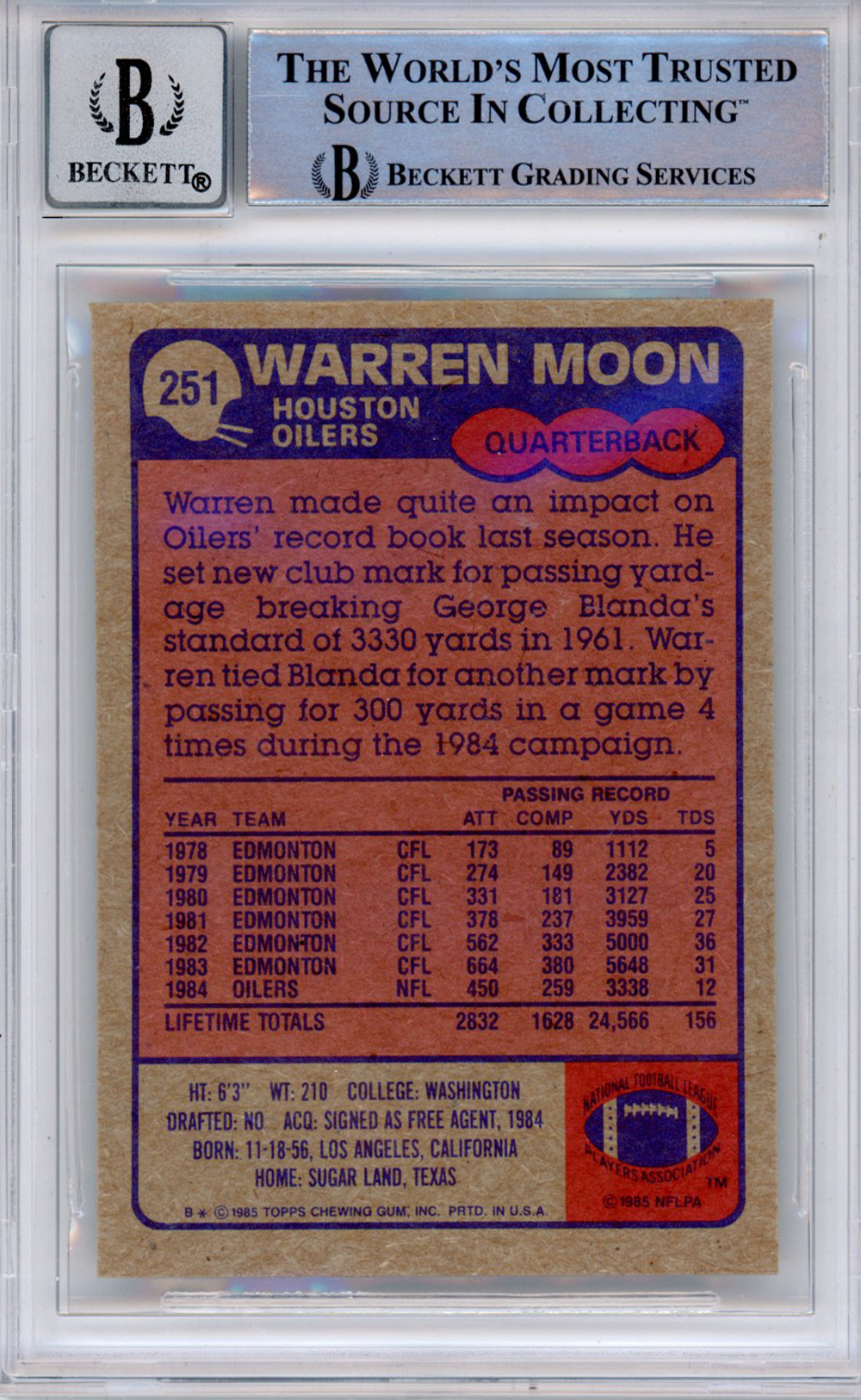 Warren Moon Autographed 1985 Topps #251 (Grade 10) Slabbed BAS