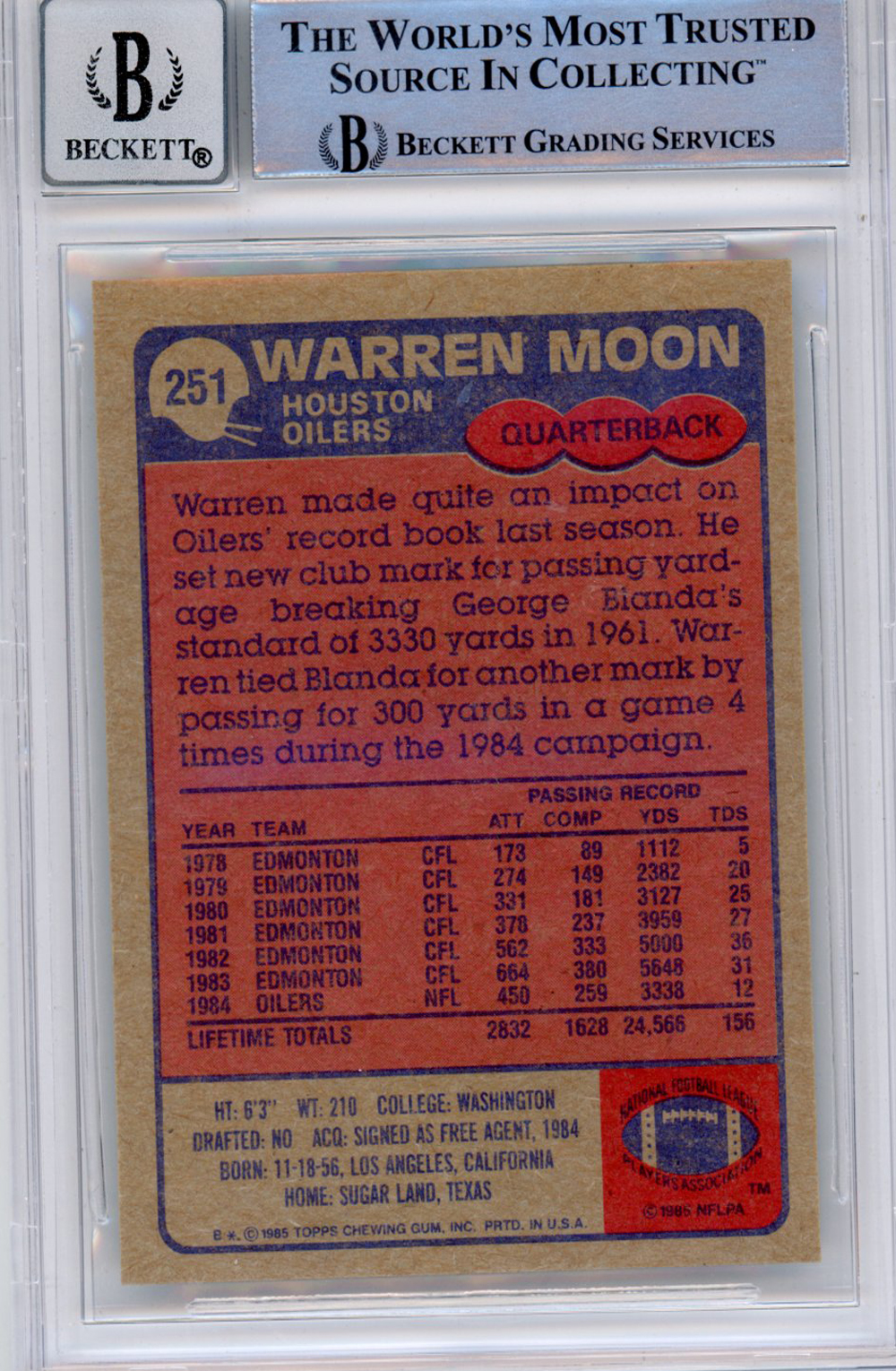 Warren Moon Autographed 1985 Topps #251 (Grade 10) Slabbed BAS