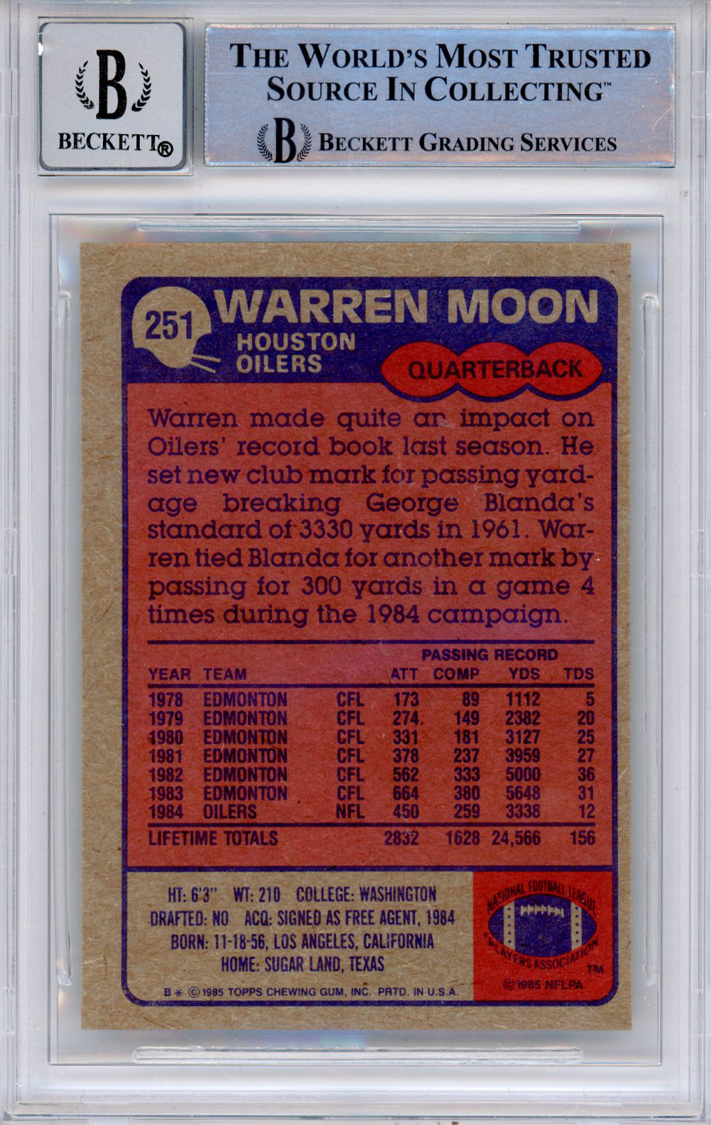 Warren Moon Autographed 1985 Topps #251 (Grade 10) Slabbed BAS