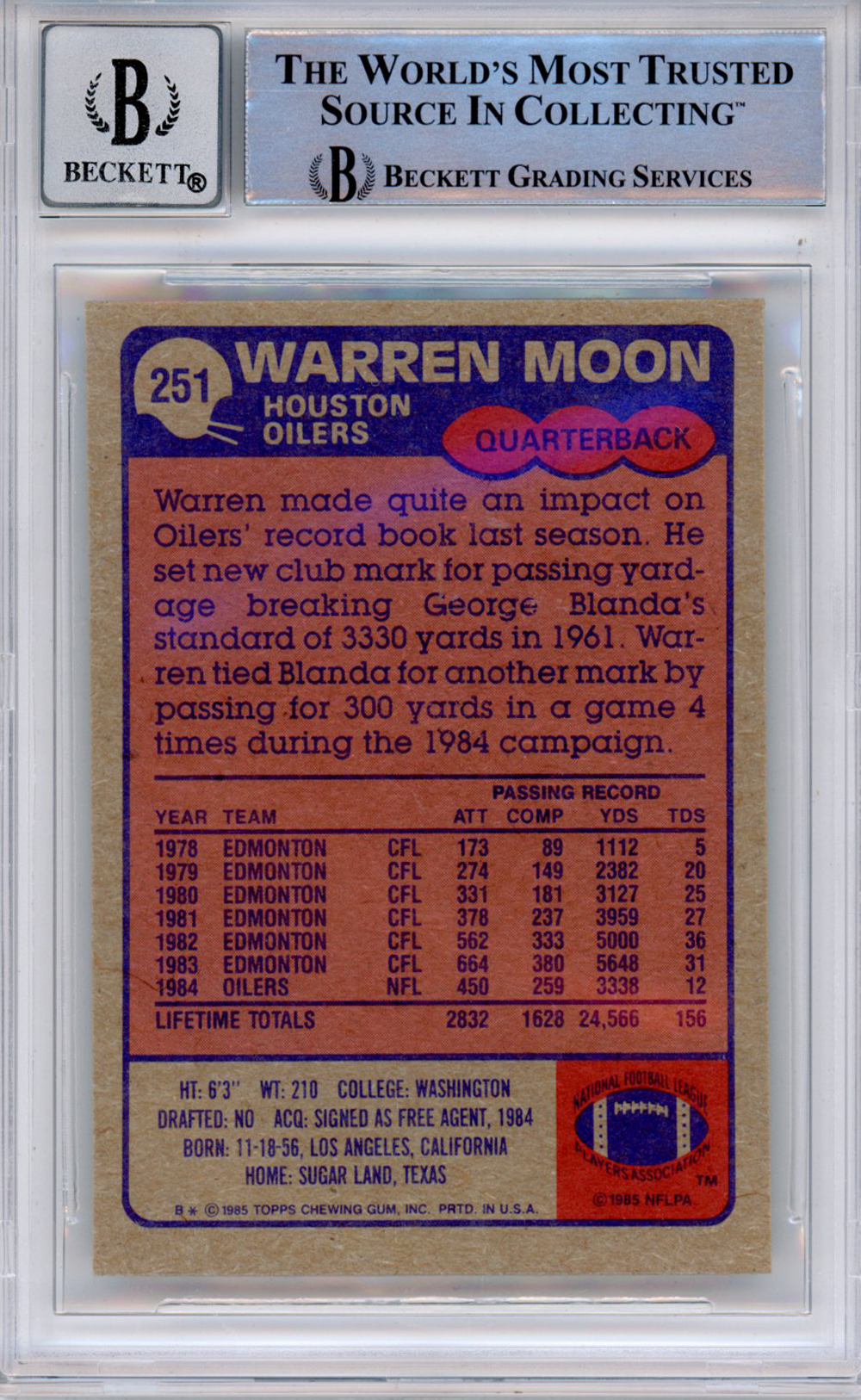 Warren Moon Autographed 1985 Topps #251 (Grade 10) Slabbed BAS