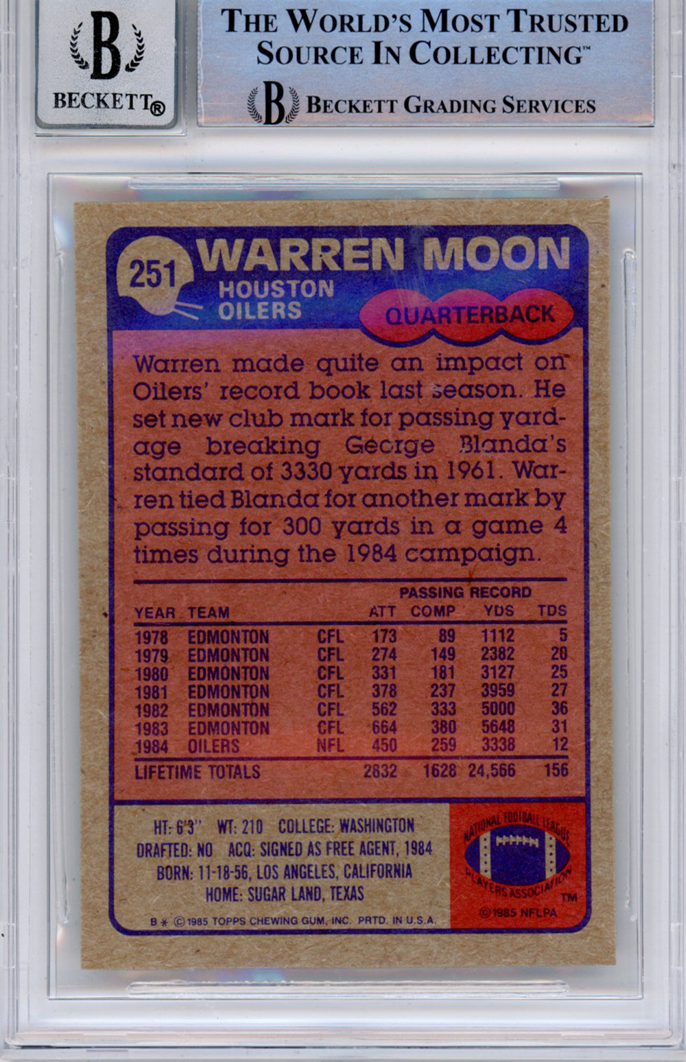 Warren Moon Autographed 1985 Topps #251 (Grade 10) Slabbed BAS