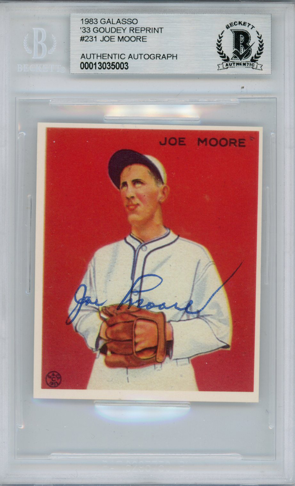 Joe Moore Signed 1983 Galasso '33 Goudey Reprint #231 Card Beckett Slab