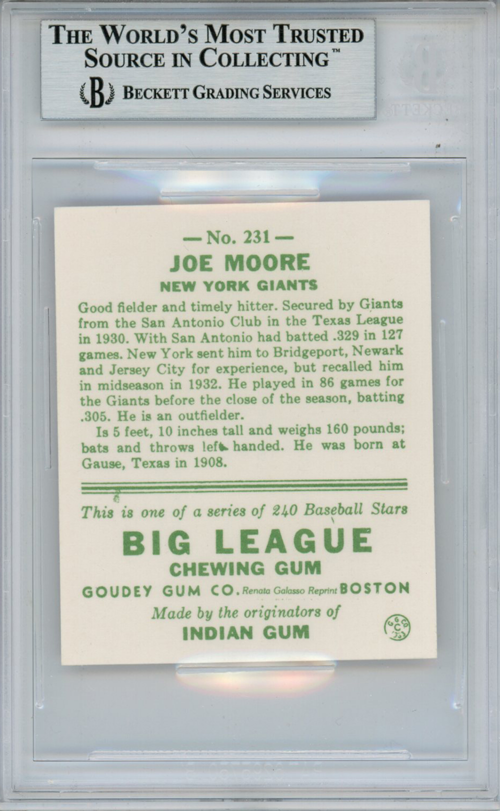 Joe Moore Signed 1983 Galasso '33 Goudey Reprint #231 Card Beckett Slab